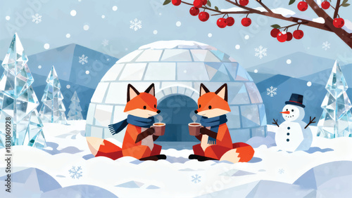 Illustration Of Two Foxes Sitting In Front Of An Ice House While Enjoying Drinks Vector Design Template