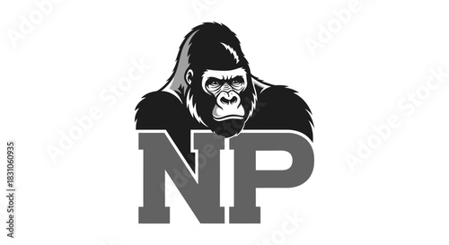 Mighty Gorilla Head Mascot Logo Design with Bold NP Initials Vector Illustration Graphic Emblem