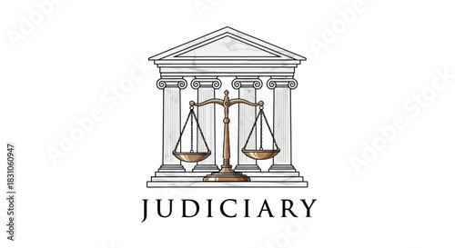 Iconic Symbol of Justice with Balanced Scales and Classical Courthouse Judiciary Building