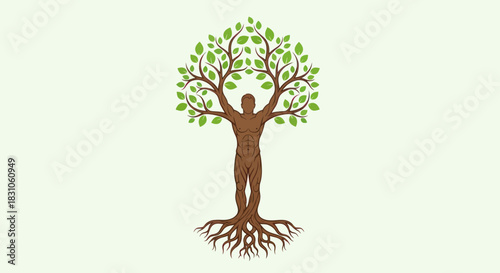 Human figure transforming into a vibrant tree with roots and green leaves showcasing nature