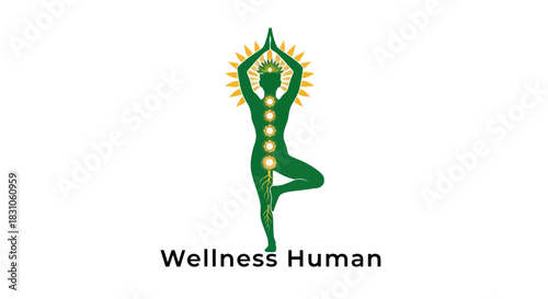 Harmonious Green Yoga Silhouette with Chakras and Natural Roots Promoting Holistic Wellness and