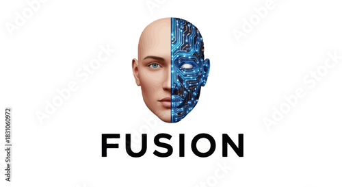 Conceptual human and artificial intelligence fusion with digital circuit head icon symbol on white