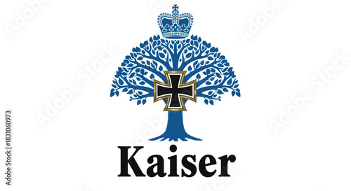 Kaiser corporate identity logo featuring a regal blue tree design with a crown and classic cross
