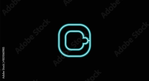 Glowing cyan neon letter C abstract geometric design on dark background technology concept