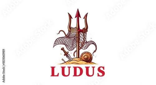 Powerful Roman gladiator battle gear illustration featuring trident net dagger and shield