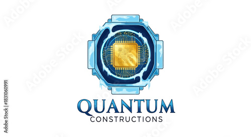 Quantum technology logo with golden processor chip in ice water cooling design for modern