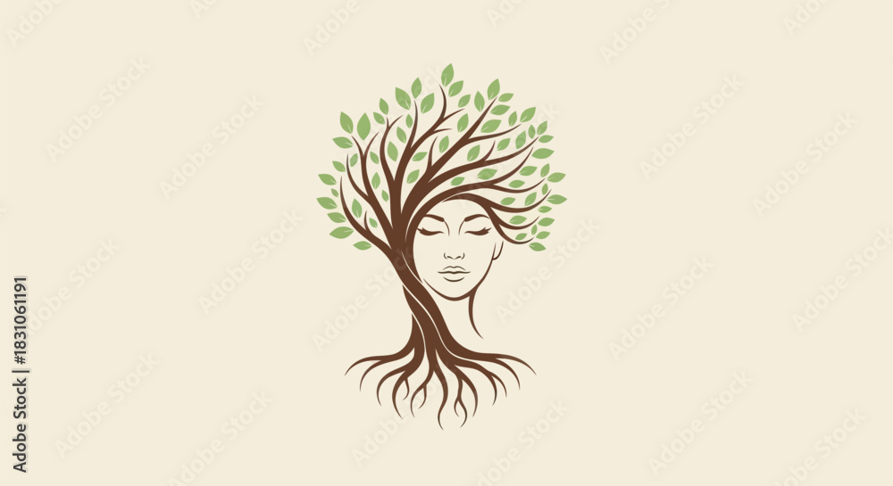 Naklejka premium Serene Woman's Face Merged with a Majestic Tree Symbolizing Nature Beauty and Wellness