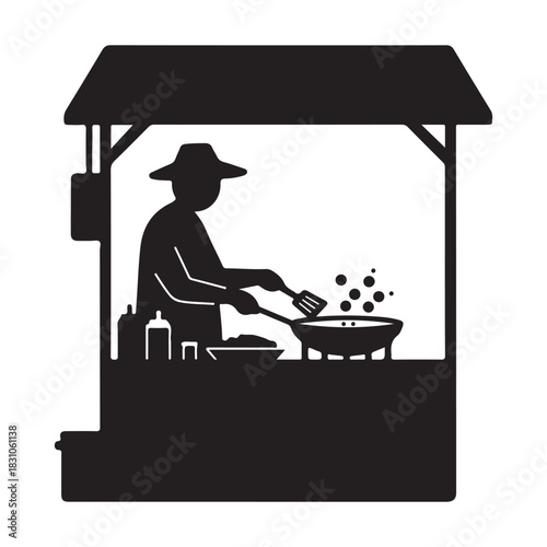 Street food vendor cooking at a stall, silhouette icon