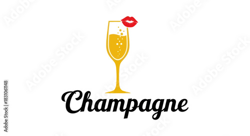Chic Golden Champagne Flute with Red Lips Kiss Mark Symbol for Festive Celebrations