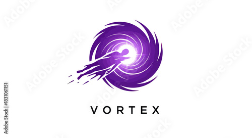 Energetic human figure flying into a futuristic purple vortex symbol of speed and power
