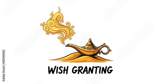 Golden Magic Lamp with Mystical Smoke for Wish Granting and Fantasy Concepts Illustration