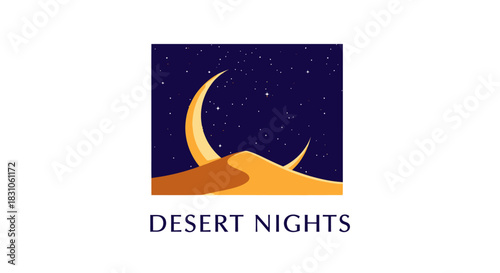 Mesmerizing desert night scene featuring golden crescent moon and twinkling stars above sand dunes