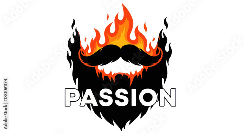 Flaming beard and mustache logo with text PASSION representing strong drive and fervent enthusiasm