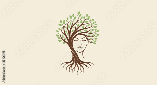 Serene Woman's Face Merged with a Majestic Tree Symbolizing Nature Beauty and Wellness