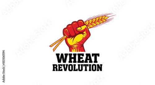 Dynamic emblem of a raised fist holding golden wheat grains symbolizing agricultural progress and