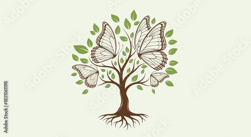 Stylized Tree with Butterflies and Green Leaves Representing Nature and Growth