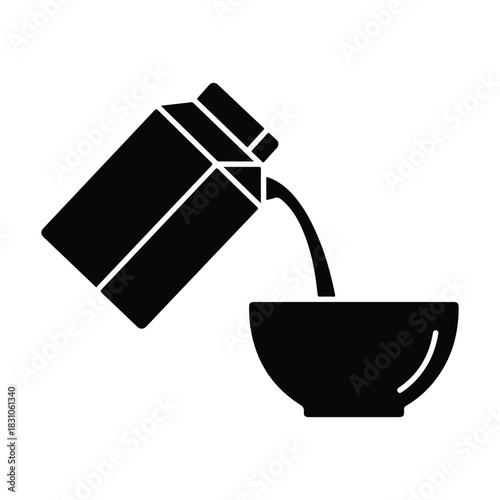 Milk carton pouring liquid into a bowl, simple black and white icon