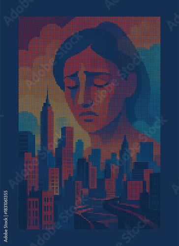 Emotional Cityscape Halftone Dot Matrix Art - Woman Face Overlay Stipple Digital Illustration