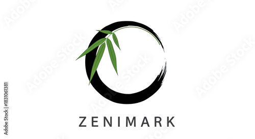 Minimalist Enso Circle Logo with Green Bamboo Leaves on White Background Zen Concept Design