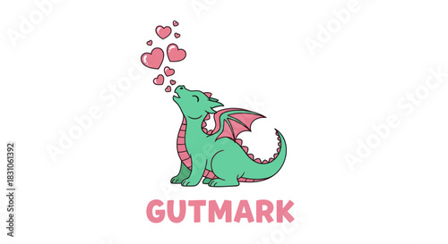 Adorable Cartoon Green Dragon Blowing Pink Hearts Whimsical Fantasy Creature Illustration