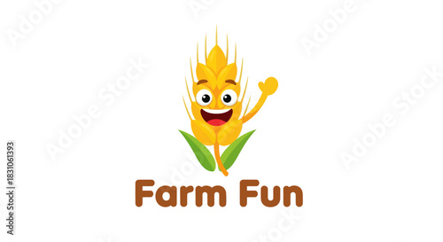 Happy cartoon wheat character logo for farm fun agriculture food and cereal concepts design