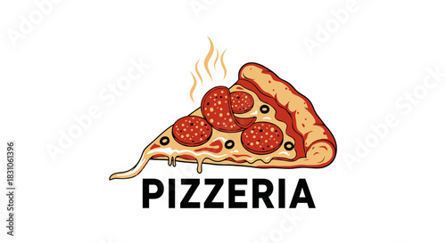 Delicious hot pepperoni pizza slice with melting cheese and olives perfect for pizzeria logo or