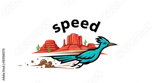Dynamic cartoon roadrunner running swiftly through a vibrant desert landscape with mesas and
