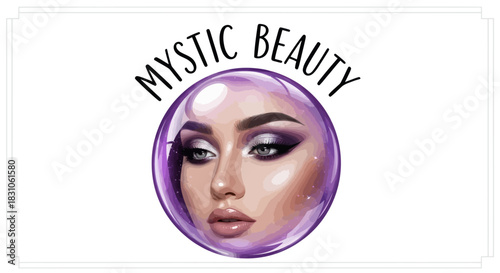 Mystic Beauty Woman Face Illustration with Dramatic Purple Makeup in Shimmering Bubble