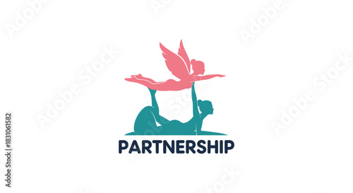 Dynamic partnership graphic with angelic flyer and supportive base in balanced acro yoga pose