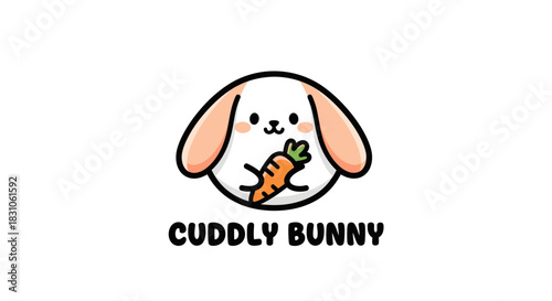 Adorable cartoon bunny character holding a fresh orange carrot on a clean white background sweet