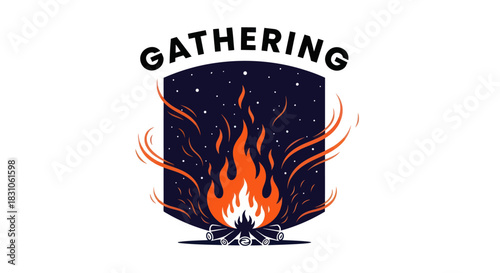 Cozy Campfire Gathering at Night with Bright Flames and Starry Sky Vector Illustration