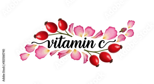 Natural Vitamin C Essence with Red Rose Hips and Pink Petals Graphic on White