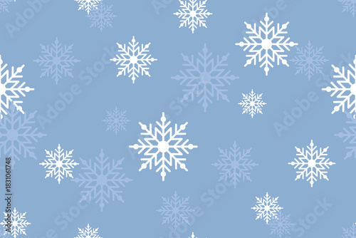 Snowflakes on a cute light blue background. Seamless winter holiday pattern. Graphic winter texture. Trendy print for gift wrapping, fabric, phone cases, and social media posts. Vector illustration.