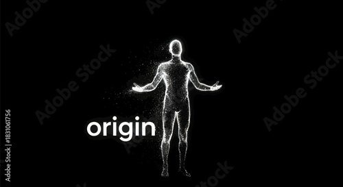 Conceptual Glowing Particle Human Silhouette on Black Representing Origin and Digital Evolution
