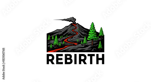 Volcanic Rebirth Landscape with Erupting Mountain Lava Flow and Pine Forest Illustration