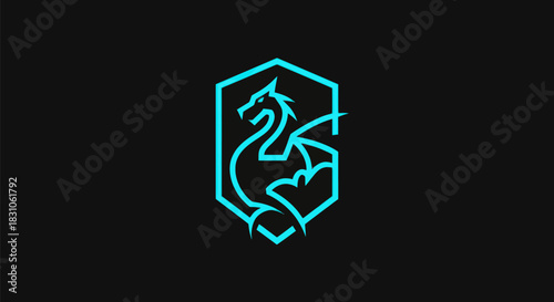 Sleek Blue Mythical Dragon Logo Design Within a Modern Hexagonal Shield Emblem on Black Background