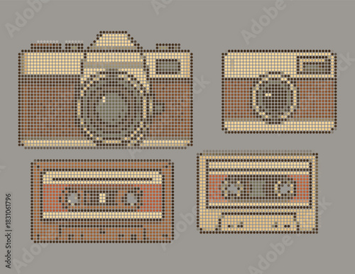 Vintage Camera and Cassette Tape Stipple Halftone Dot Matrix Art Illustration
