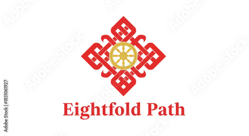 Buddhist Eightfold Path symbol with golden dharma wheel in red endless knot spiritual emblem