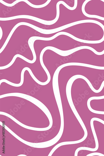 Sinuous white lines, wavy, flowing, curved, and twisting stripes on a sunny pink background. Seamless background with jagged, hand-drawn wavy, organic retro ornaments and hippie patterns.