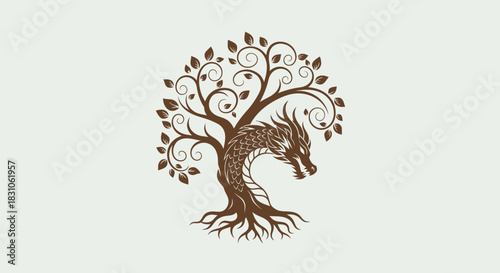 Mystical Dragon Tree Logo Symbol Illustration with Roots and Curly Leaves on Plain Background