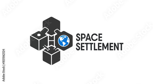 Futuristic space settlement concept with modular geometric structures and Earth globe