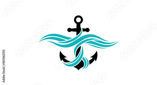 Stylized black anchor with flowing teal waves on a clean white background marine travel symbol