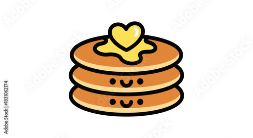 Cute cartoon pancake stack with happy faces, melting butter, and a sweet heart illustration