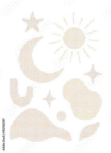 Boho Halftone Dot Matrix Abstract Shapes Art - Celestial Sun Moon Stars Stipple Digital Design