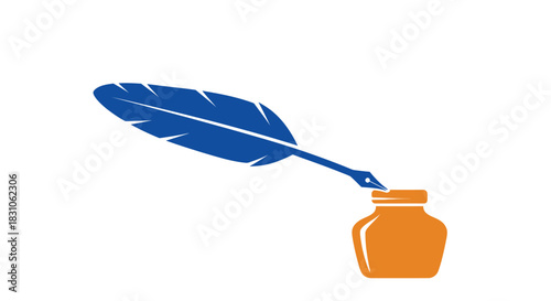 Elegant Blue Feather Quill Pen with Orange Inkwell Vintage Writing Icon Illustration