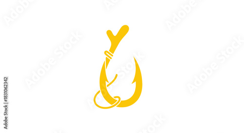 Minimalist yellow fishing hook icon intertwined with natural branch symbol design