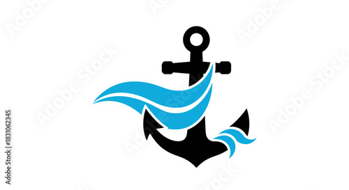Nautical Anchor with Flowing Blue Waves Symbolizing Marine Travel and Ocean Adventures