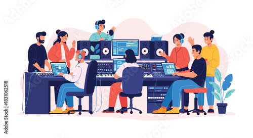 Diverse team of musicians and audio engineers collaborating in a professional music recording studio on sound production.