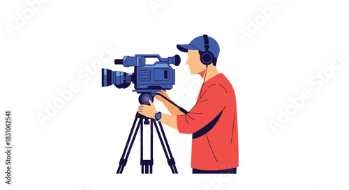 Professional cameraman or videographer operating a video camera on a tripod wearing headphones during a production shoot.