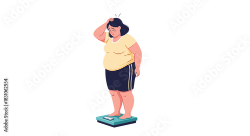 Distressed overweight woman standing on a weighing scale looking unhappy about her weight and body image.